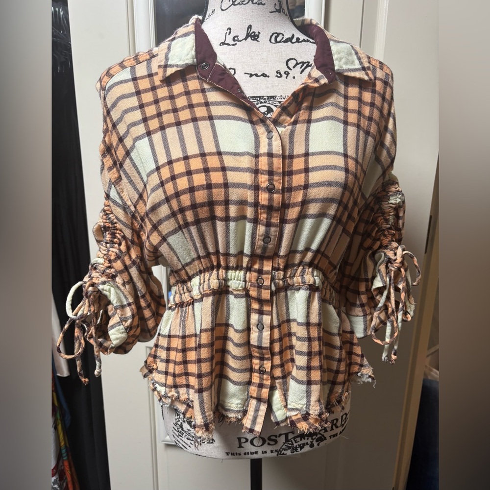 We The Free Orange and Cream Plaid Button-Down Shirt